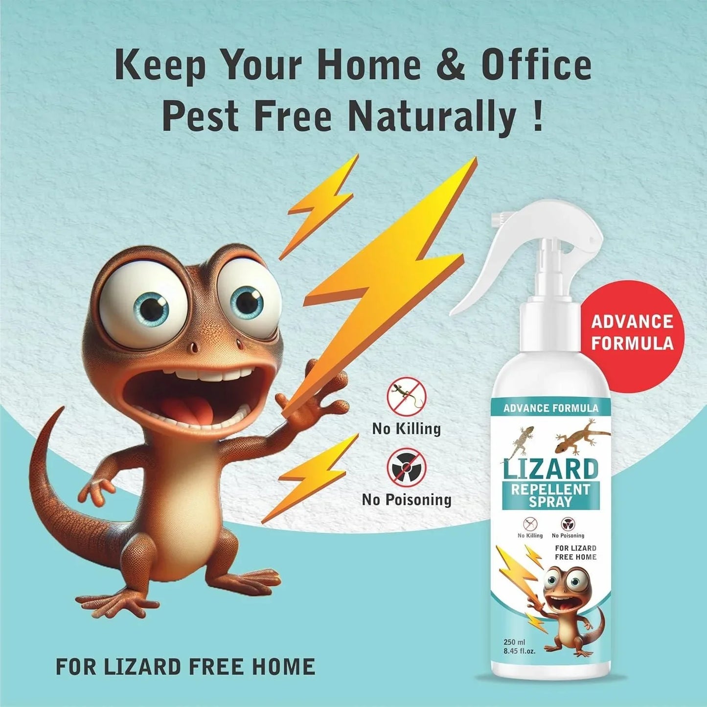 Lizard repellent spray bottle with cartoon lizard, home pest control, natural safe formula