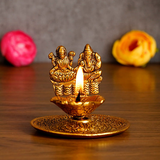 Goddess Laxmi & Lord Ganesha Golden Metal Diya - Good Stuff Online Store